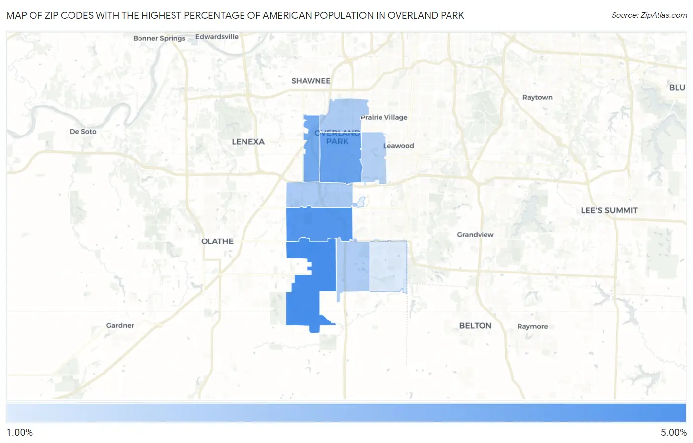 Zip Codes with the Highest Percentage of American Population in Overland Park Map