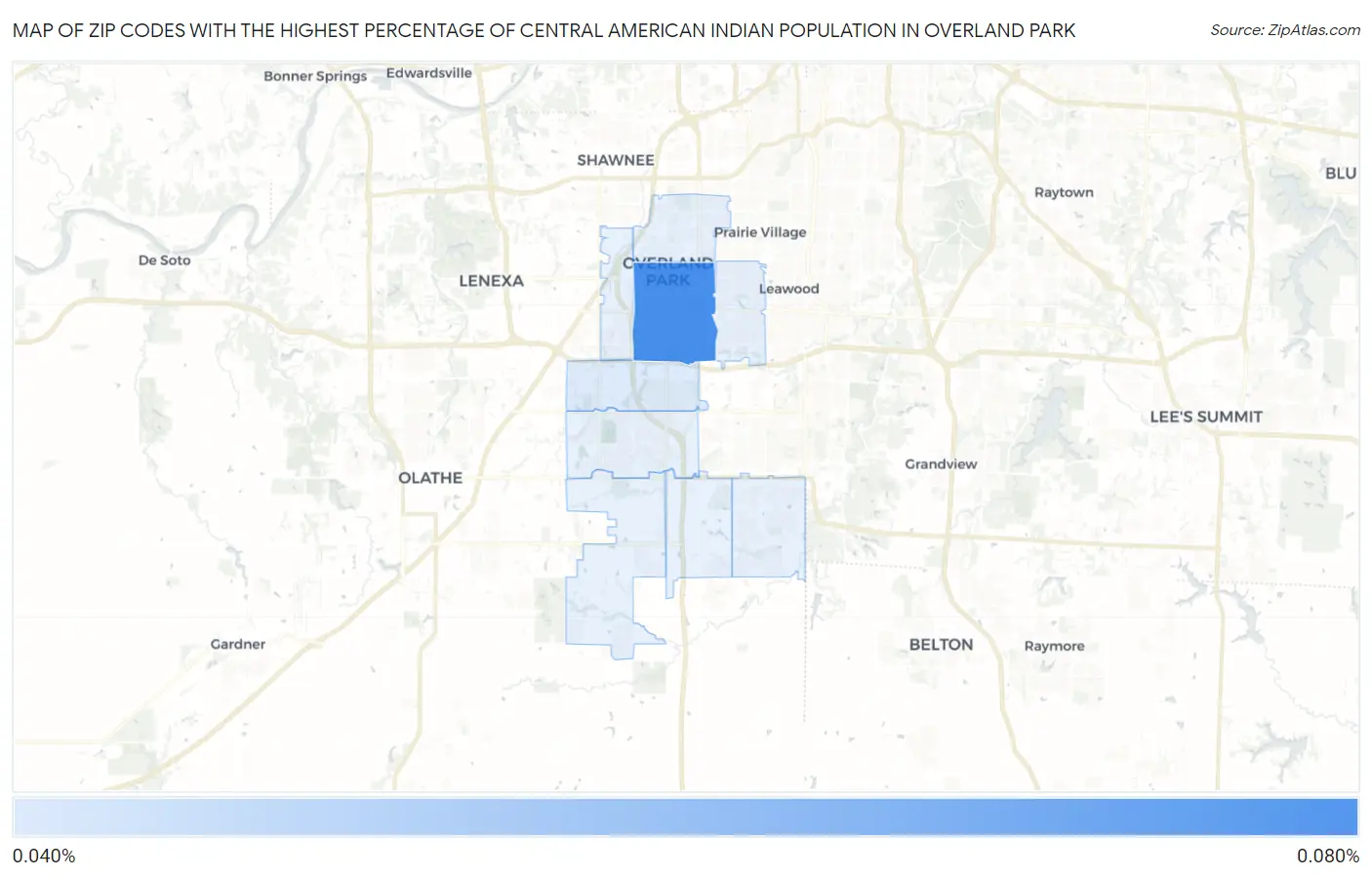 Zip Codes with the Highest Percentage of Central American Indian Population in Overland Park Map