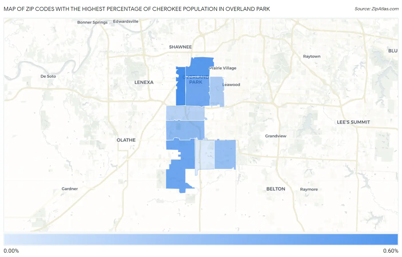 Zip Codes with the Highest Percentage of Cherokee Population in Overland Park Map