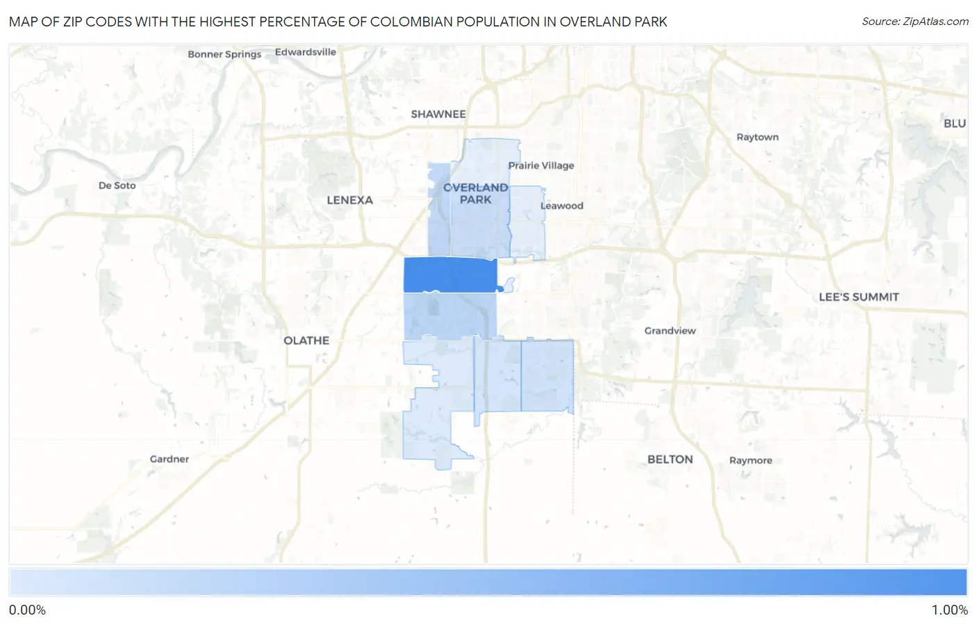 Zip Codes with the Highest Percentage of Colombian Population in Overland Park Map
