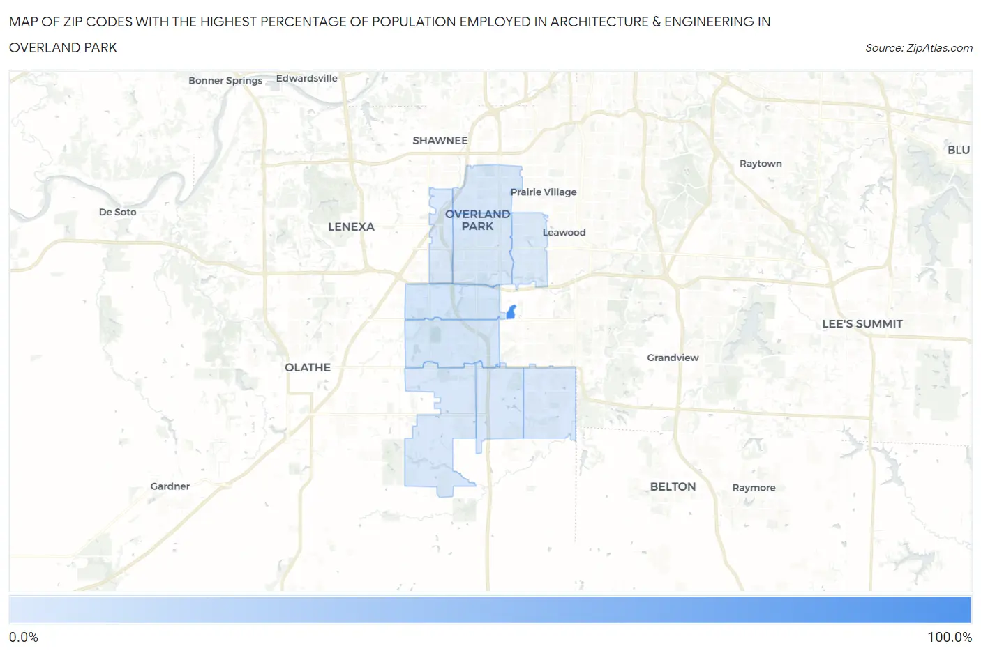 Zip Codes with the Highest Percentage of Population Employed in Architecture & Engineering in Overland Park Map