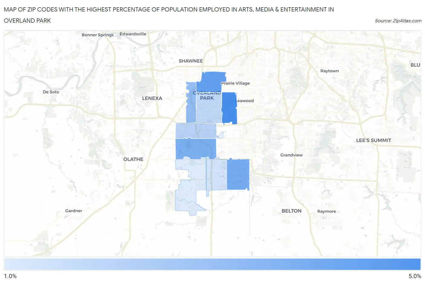 Zip Codes with the Highest Percentage of Population Employed in Arts, Media & Entertainment in Overland Park Map