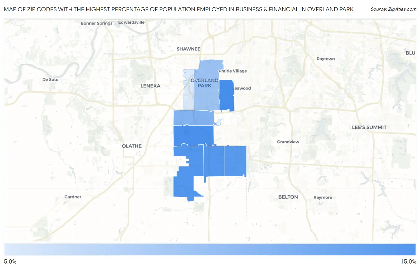 Zip Codes with the Highest Percentage of Population Employed in Business & Financial in Overland Park Map
