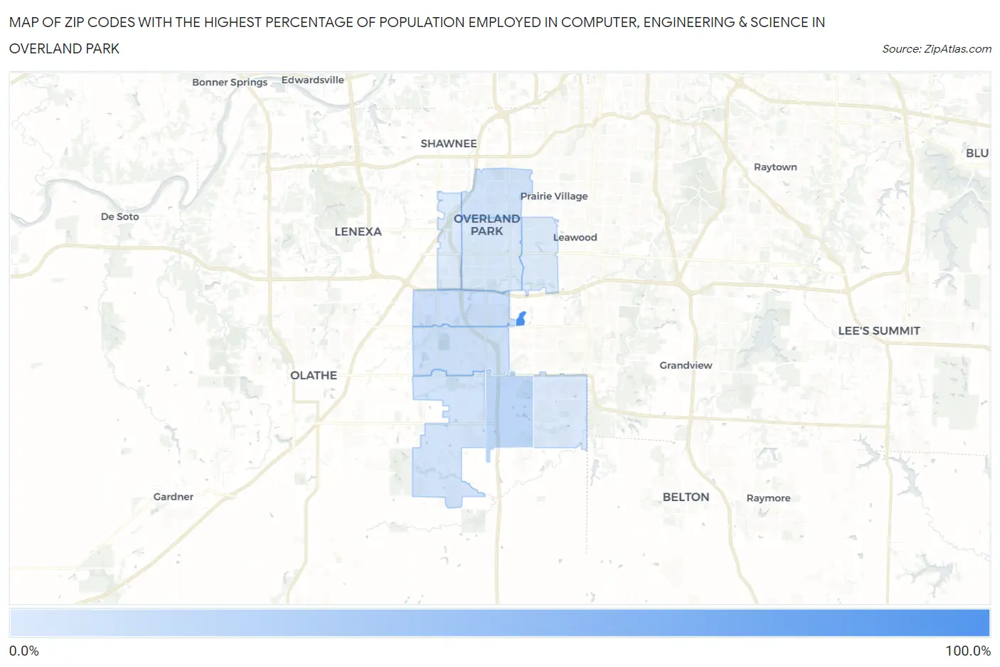 Zip Codes with the Highest Percentage of Population Employed in Computer, Engineering & Science in Overland Park Map