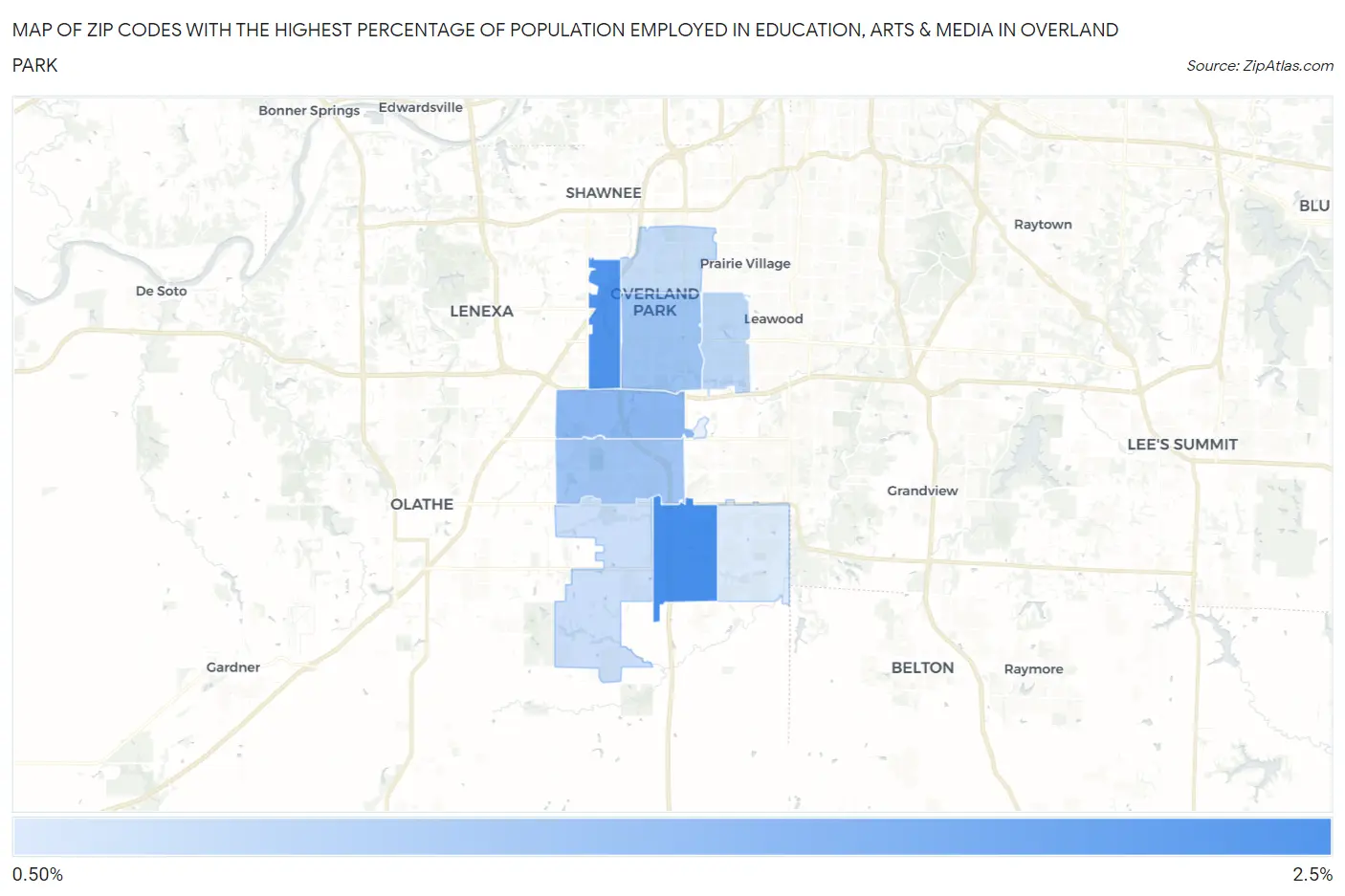 Zip Codes with the Highest Percentage of Population Employed in Education, Arts & Media in Overland Park Map