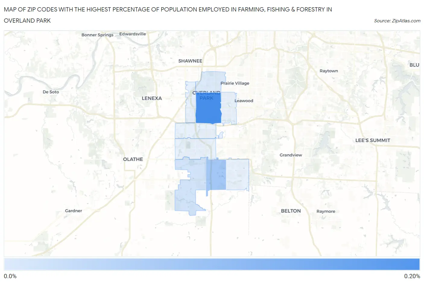 Zip Codes with the Highest Percentage of Population Employed in Farming, Fishing & Forestry in Overland Park Map