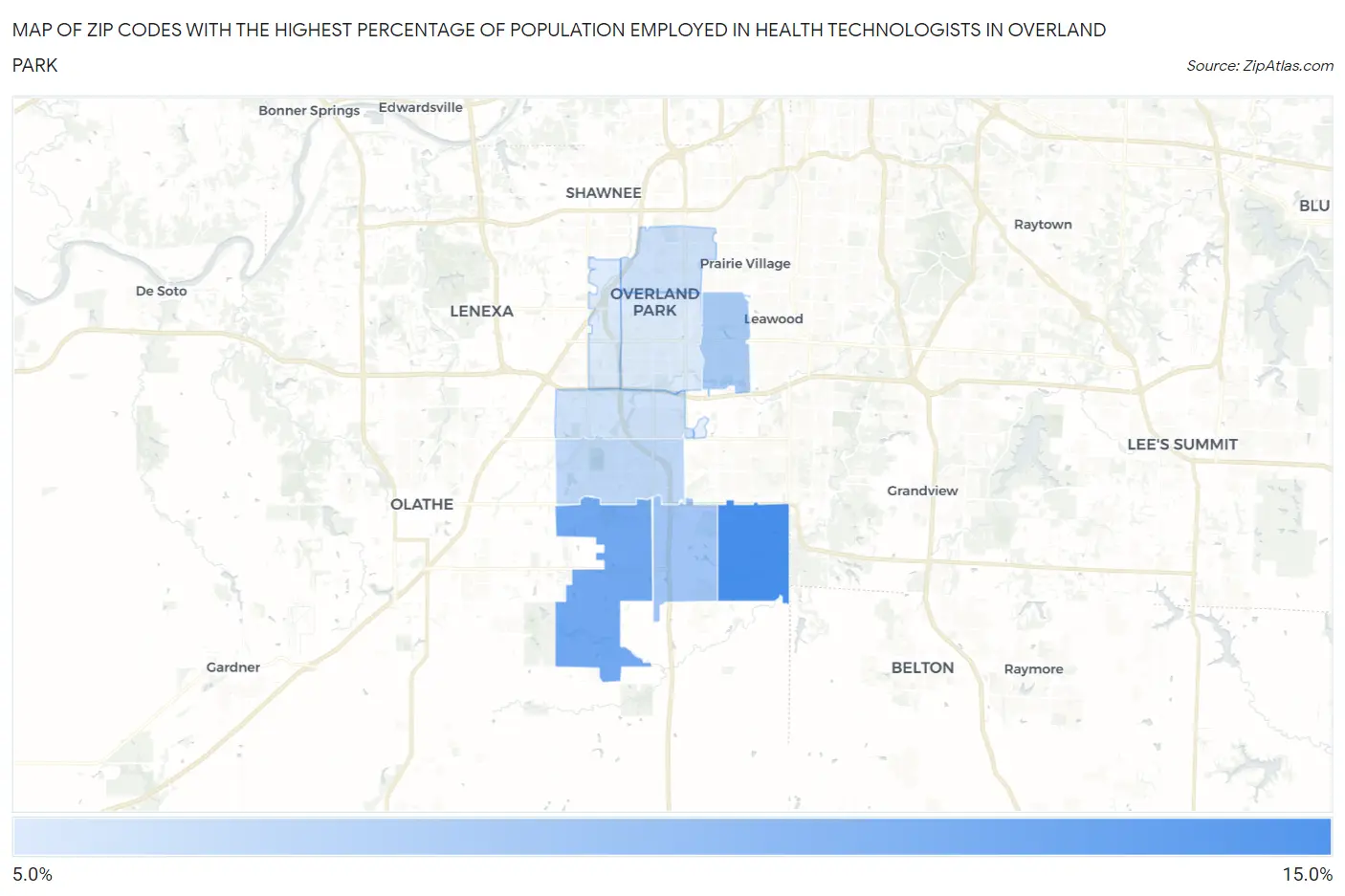 Zip Codes with the Highest Percentage of Population Employed in Health Technologists in Overland Park Map