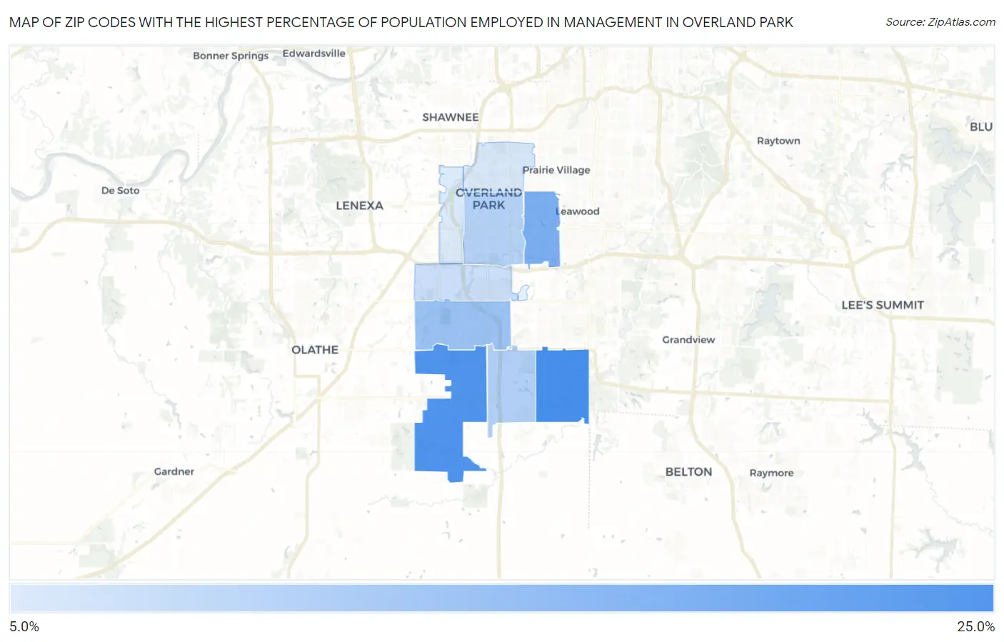 Zip Codes with the Highest Percentage of Population Employed in Management in Overland Park Map