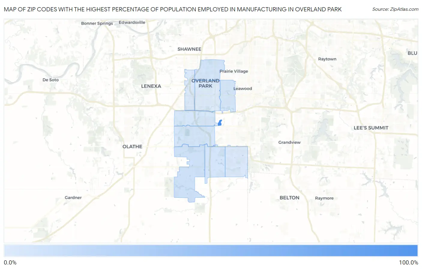 Zip Codes with the Highest Percentage of Population Employed in Manufacturing in Overland Park Map