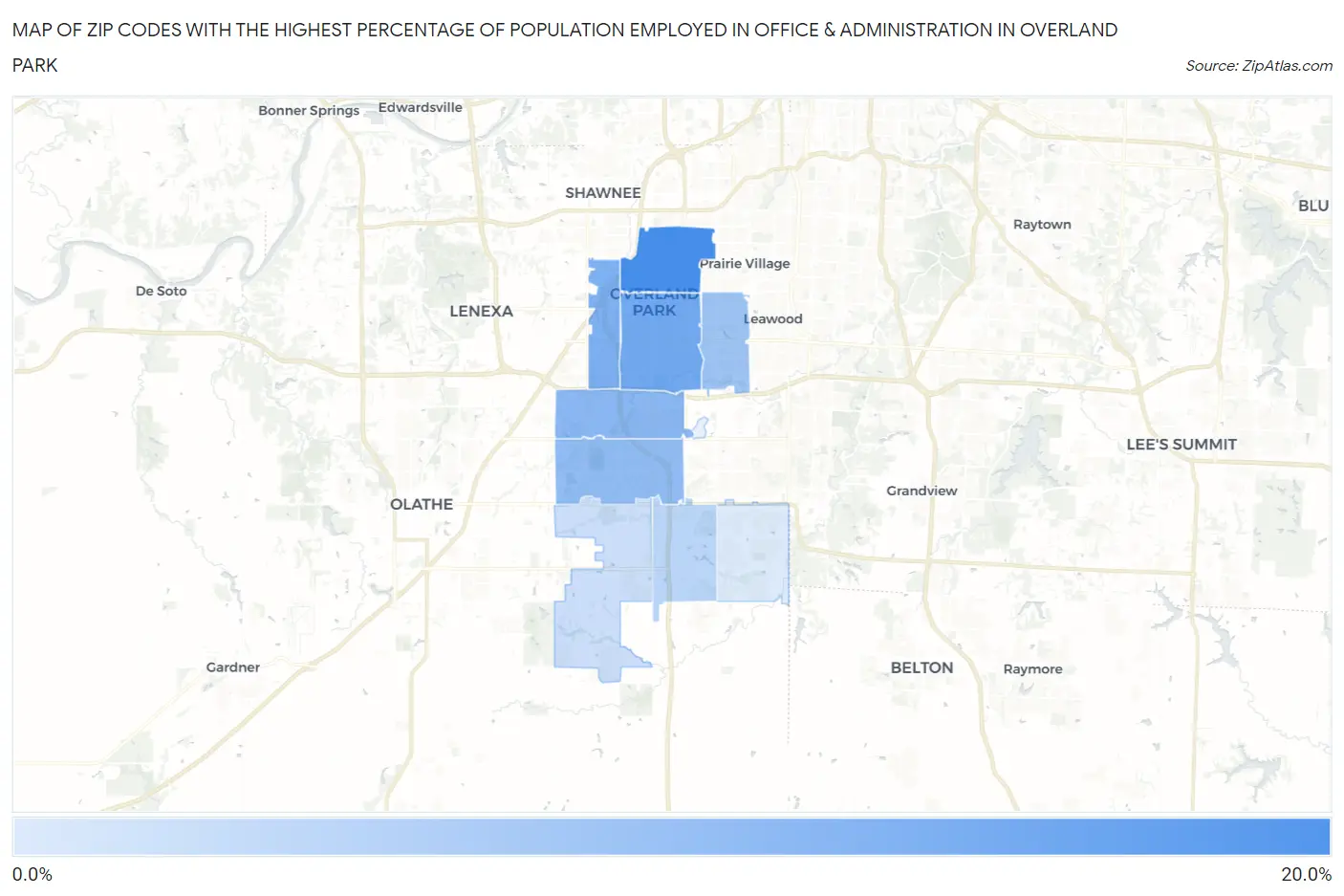 Zip Codes with the Highest Percentage of Population Employed in Office & Administration in Overland Park Map