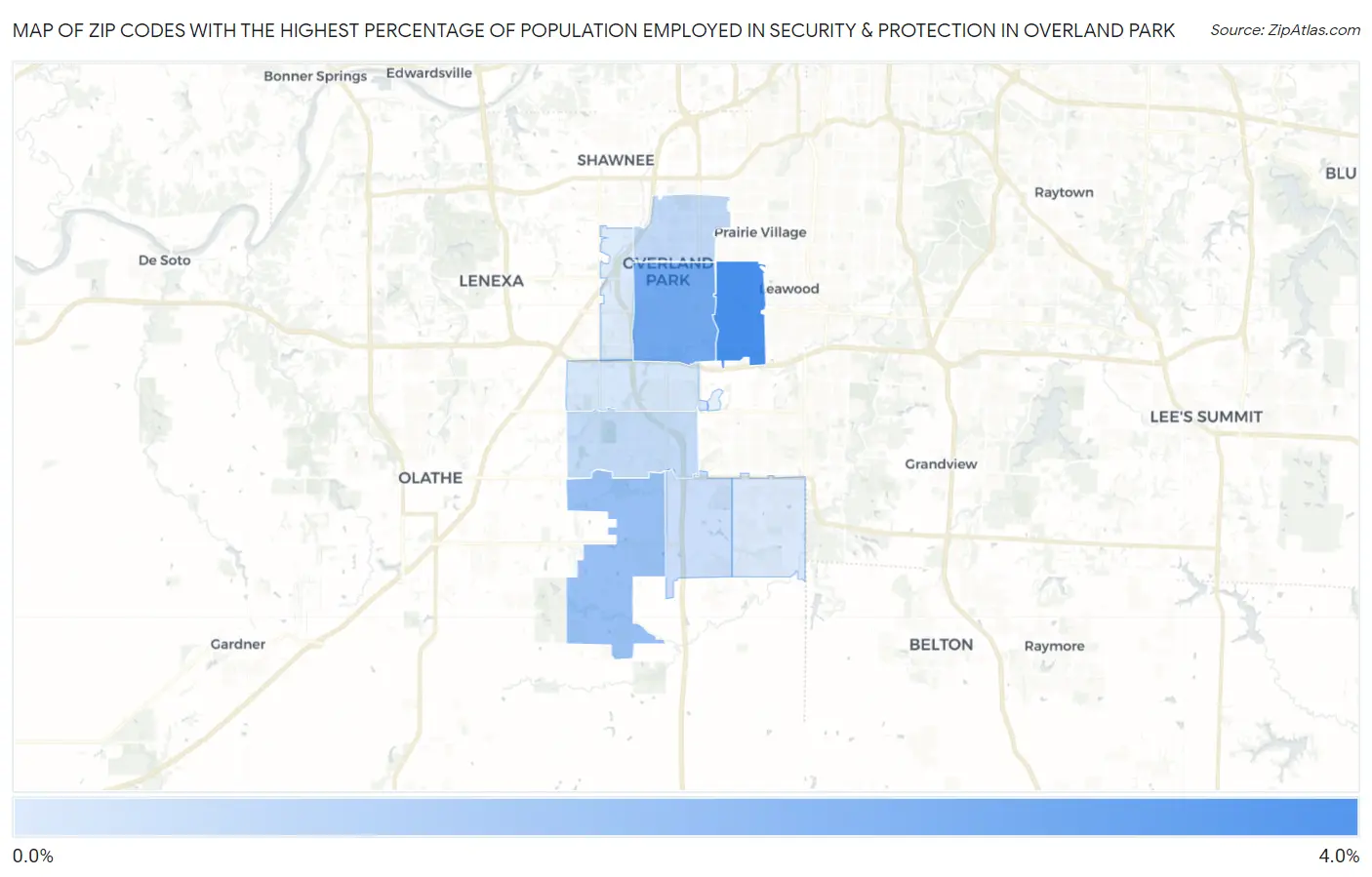 Zip Codes with the Highest Percentage of Population Employed in Security & Protection in Overland Park Map