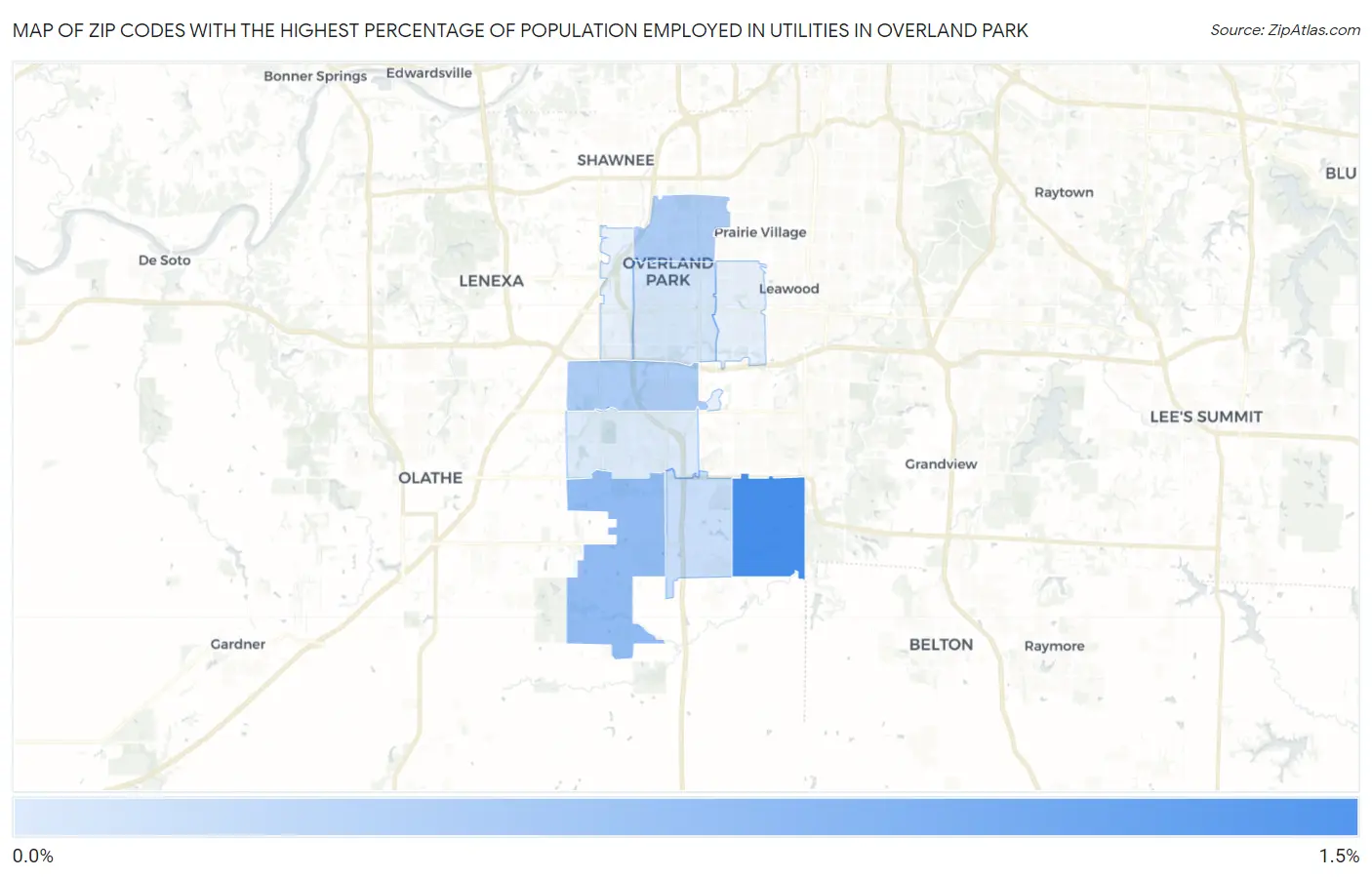 Zip Codes with the Highest Percentage of Population Employed in Utilities in Overland Park Map