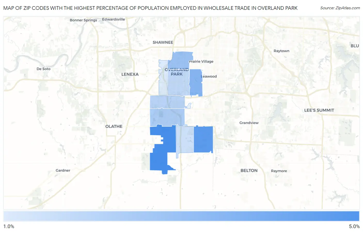 Zip Codes with the Highest Percentage of Population Employed in Wholesale Trade in Overland Park Map
