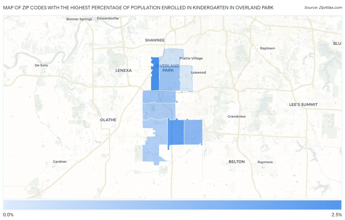 Zip Codes with the Highest Percentage of Population Enrolled in Kindergarten in Overland Park Map
