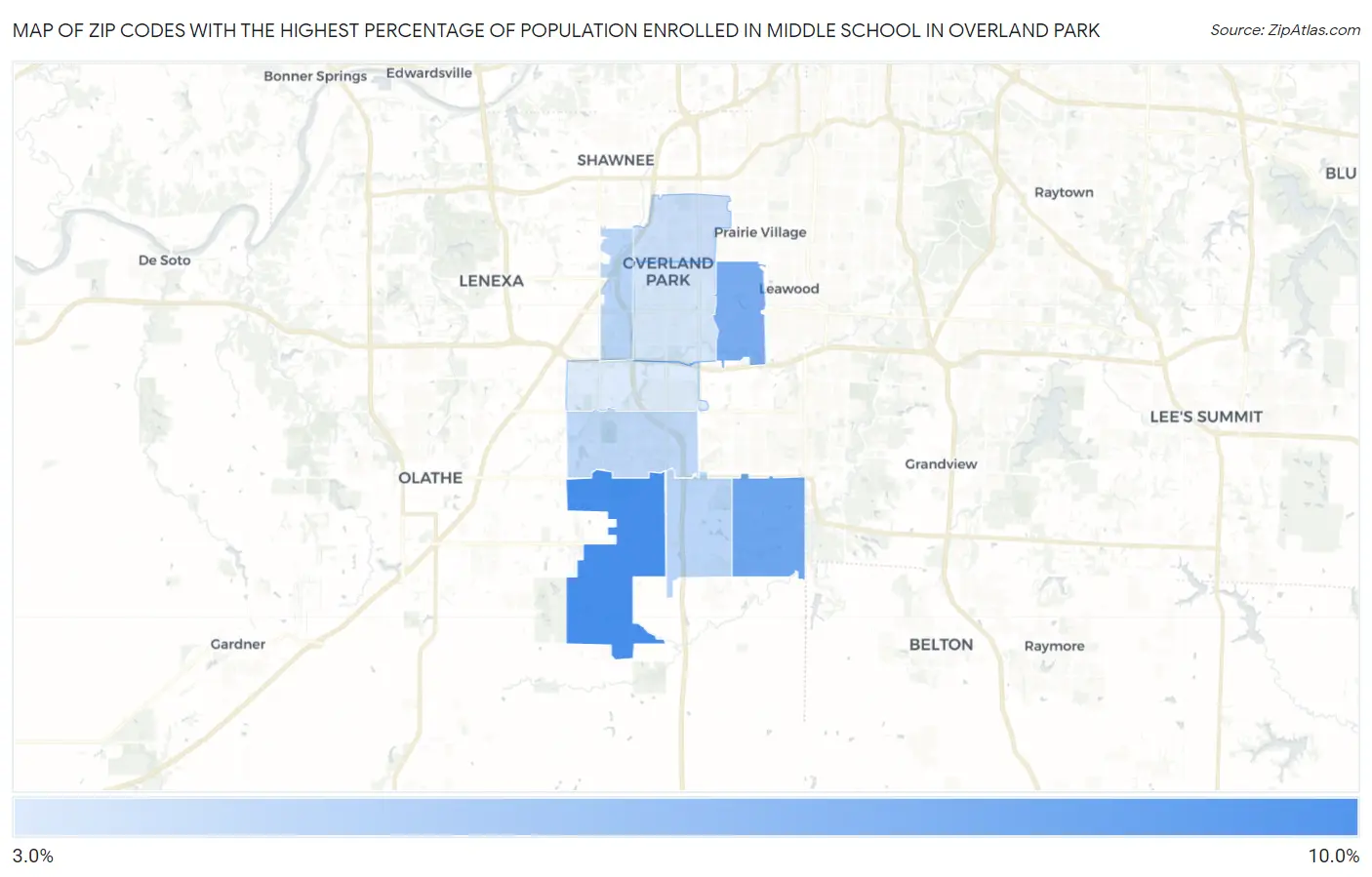 Zip Codes with the Highest Percentage of Population Enrolled in Middle School in Overland Park Map