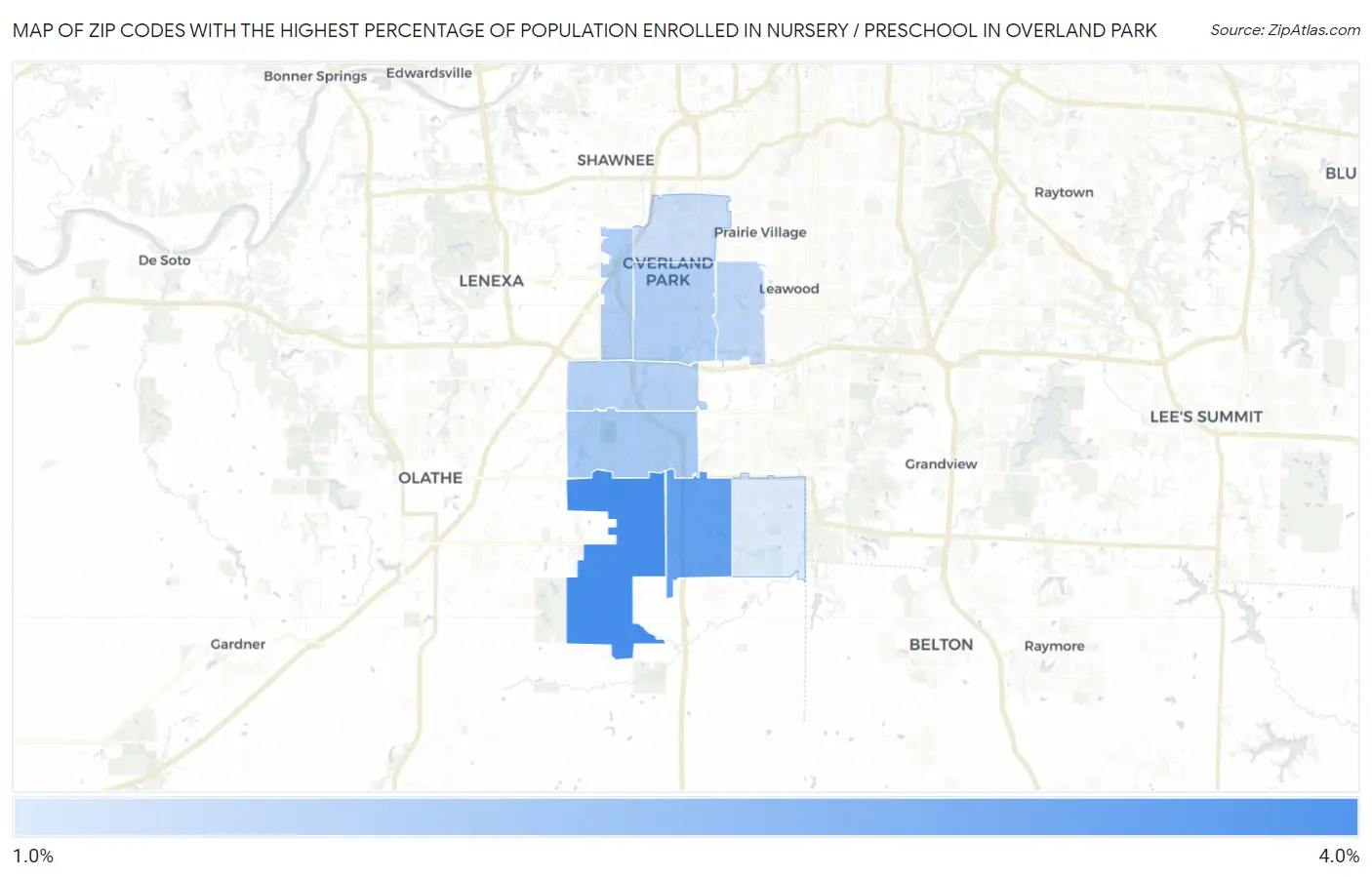 Zip Codes with the Highest Percentage of Population Enrolled in Nursery / Preschool in Overland Park Map
