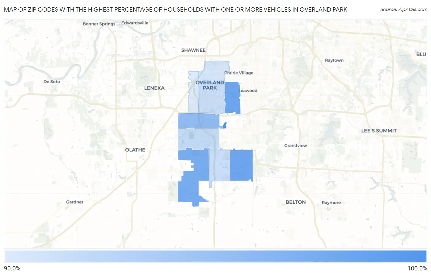 Zip Codes with the Highest Percentage of Households With One or more Vehicles in Overland Park Map