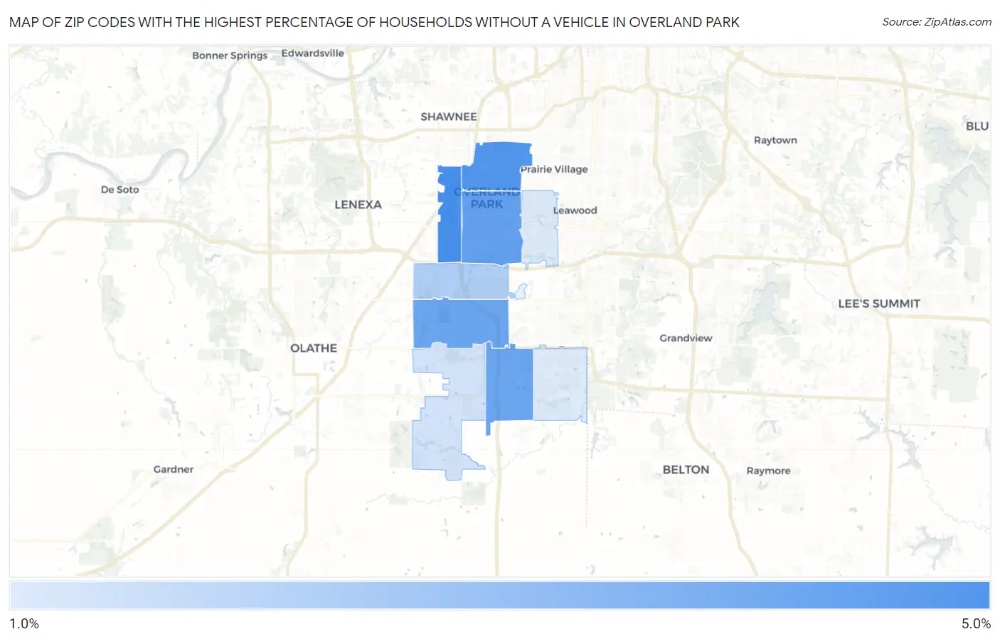 Zip Codes with the Highest Percentage of Households Without a Vehicle in Overland Park Map