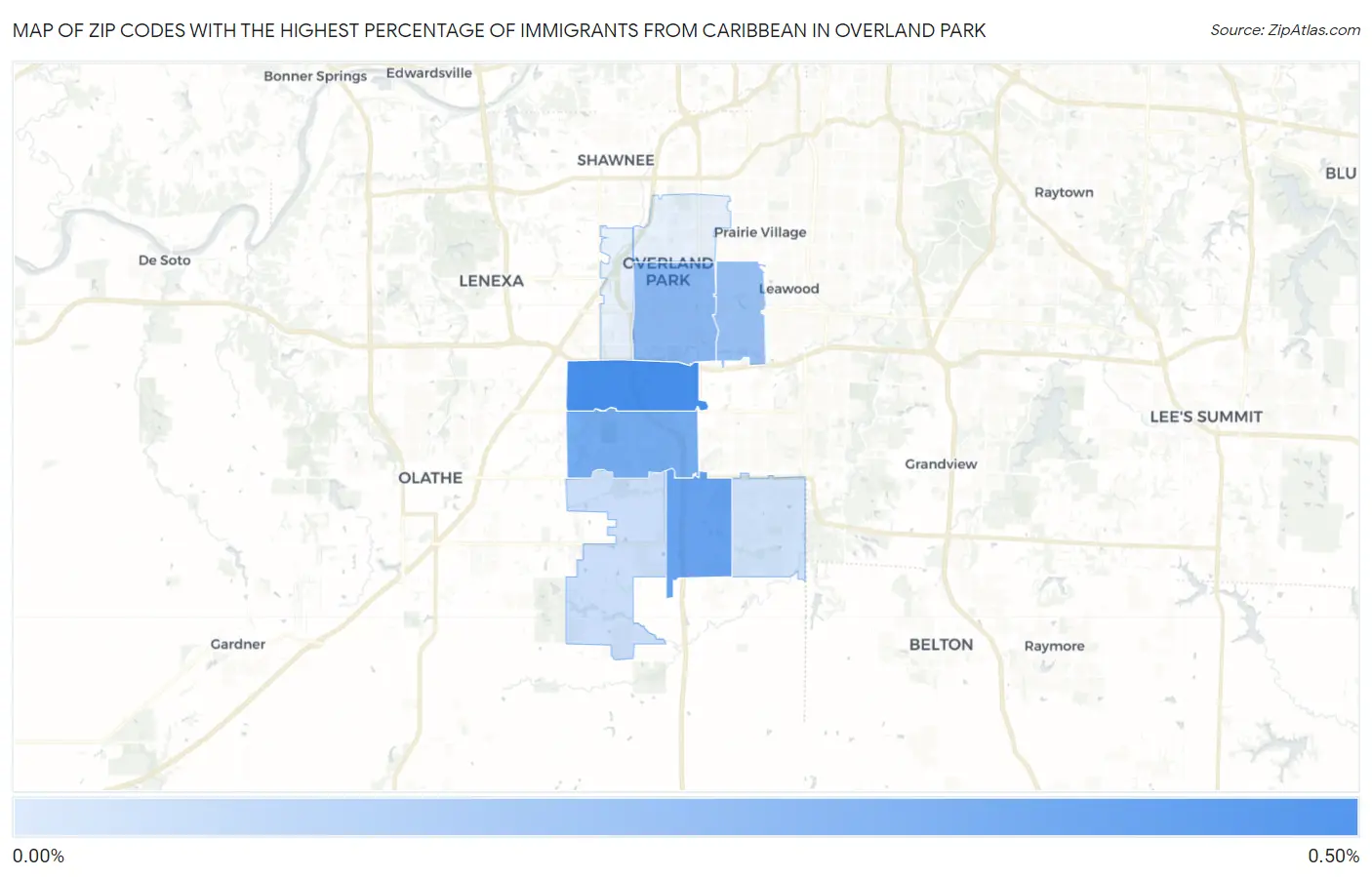 Zip Codes with the Highest Percentage of Immigrants from Caribbean in Overland Park Map