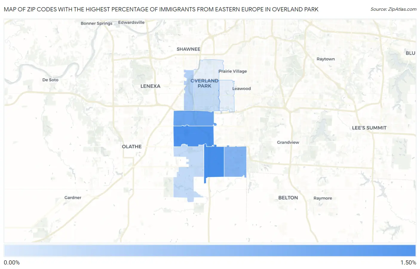 Zip Codes with the Highest Percentage of Immigrants from Eastern Europe in Overland Park Map