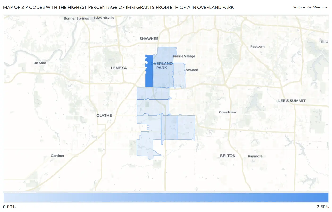 Zip Codes with the Highest Percentage of Immigrants from Ethiopia in Overland Park Map