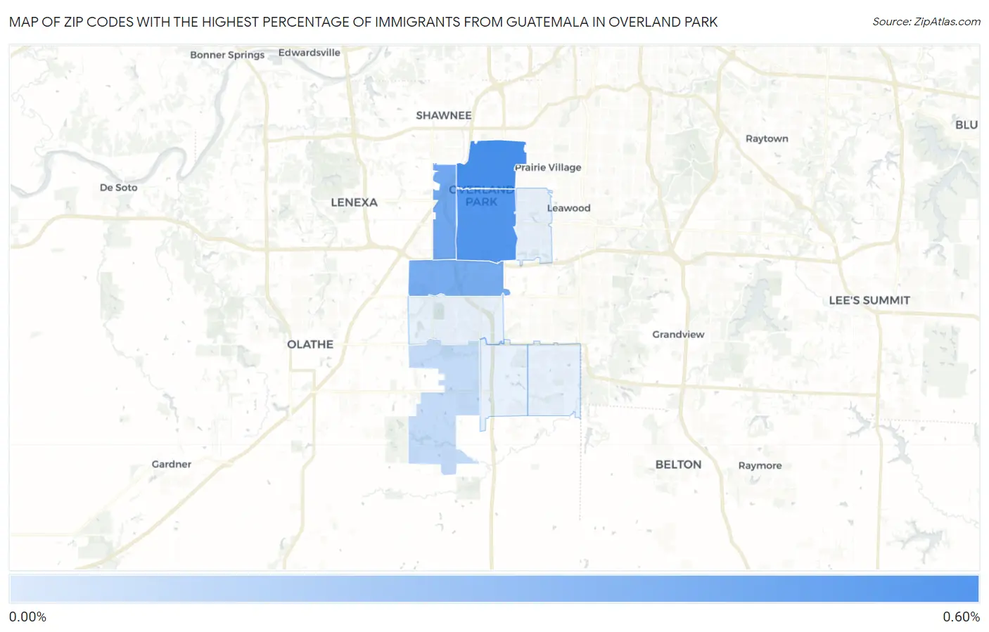 Zip Codes with the Highest Percentage of Immigrants from Guatemala in Overland Park Map