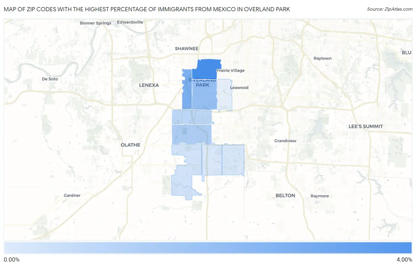 Zip Codes with the Highest Percentage of Immigrants from Mexico in Overland Park Map