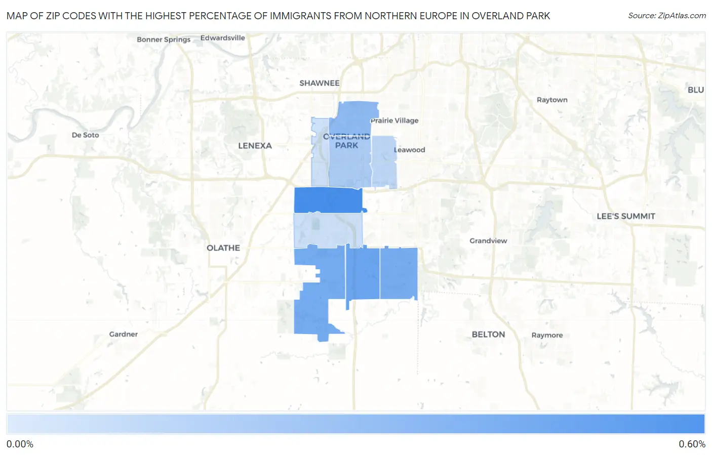 Zip Codes with the Highest Percentage of Immigrants from Northern Europe in Overland Park Map