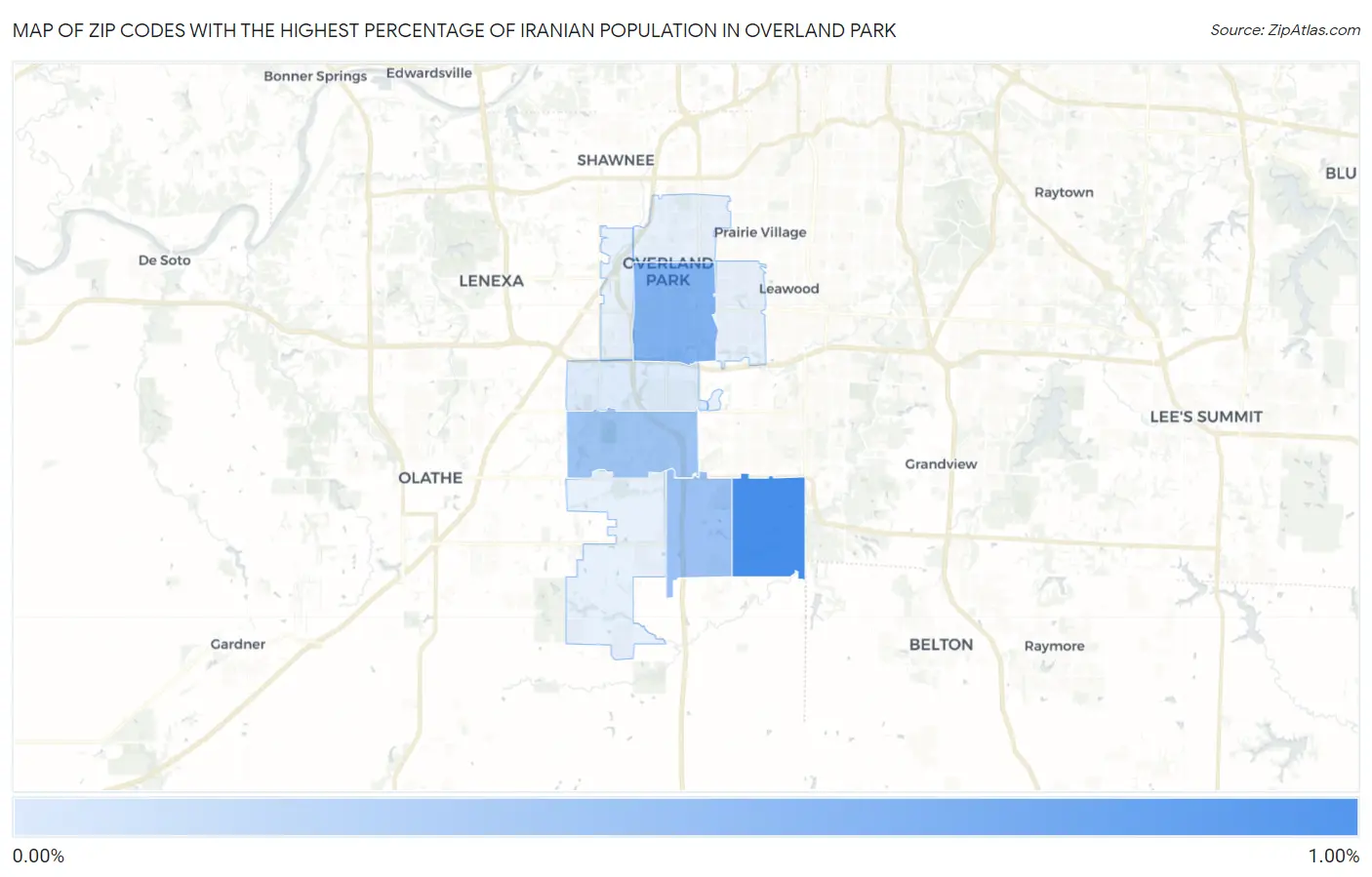Zip Codes with the Highest Percentage of Iranian Population in Overland Park Map