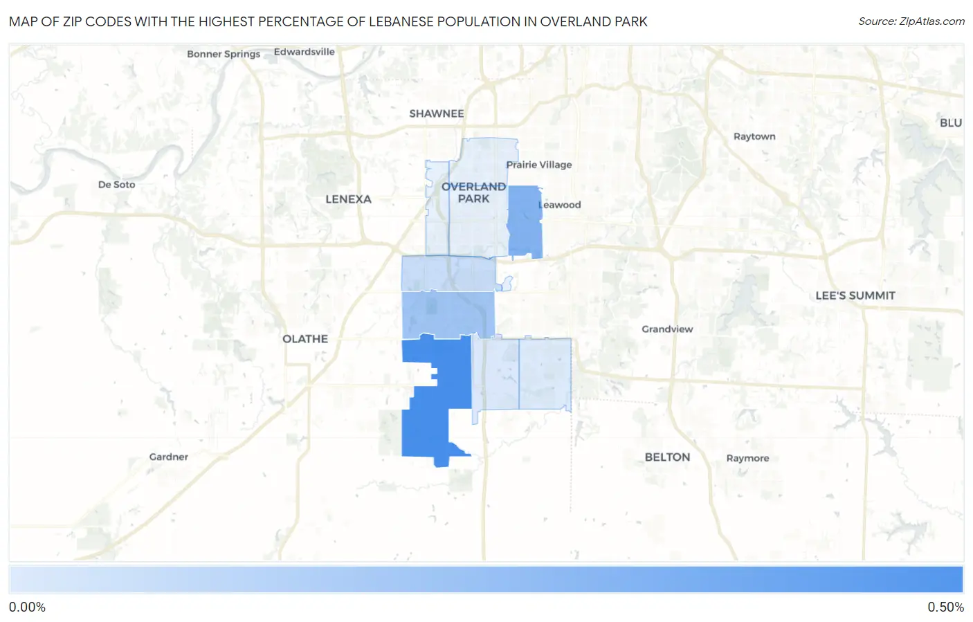 Zip Codes with the Highest Percentage of Lebanese Population in Overland Park Map
