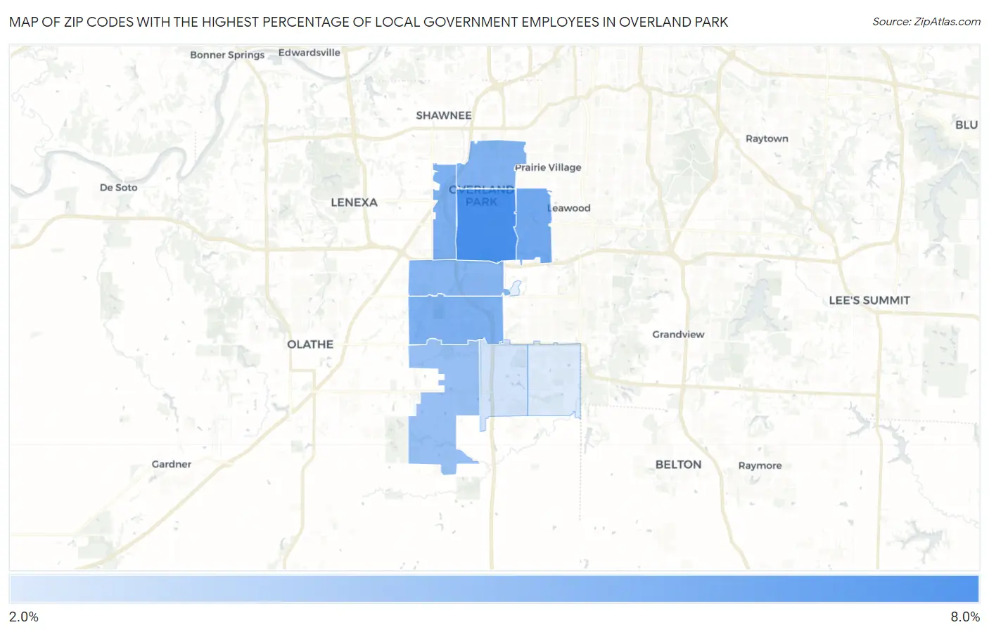 Zip Codes with the Highest Percentage of Local Government Employees in Overland Park Map