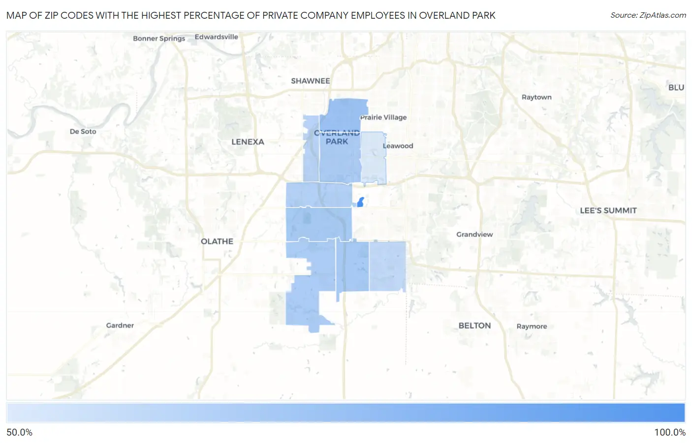 Zip Codes with the Highest Percentage of Private Company Employees in Overland Park Map