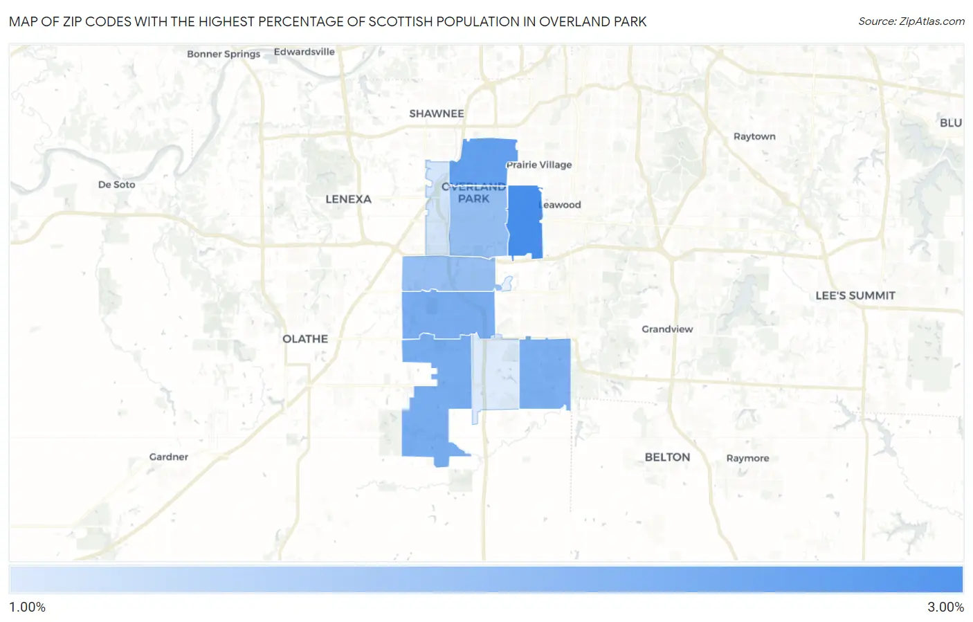 Zip Codes with the Highest Percentage of Scottish Population in Overland Park Map