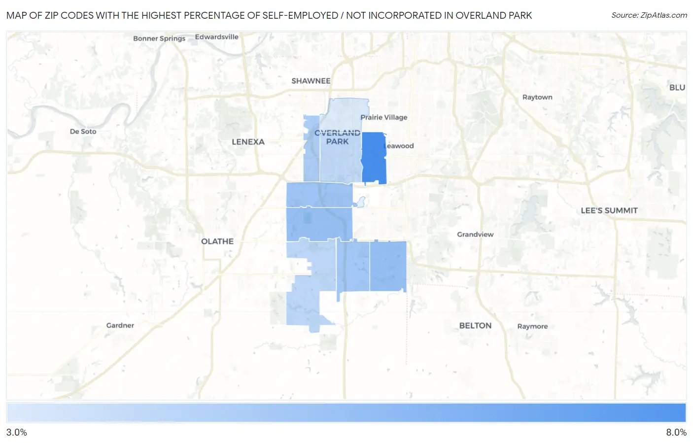 Zip Codes with the Highest Percentage of Self-Employed / Not Incorporated in Overland Park Map