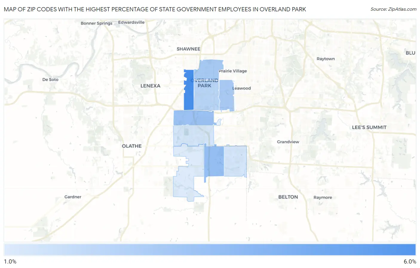 Zip Codes with the Highest Percentage of State Government Employees in Overland Park Map
