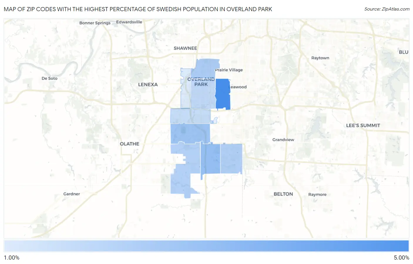 Zip Codes with the Highest Percentage of Swedish Population in Overland Park Map