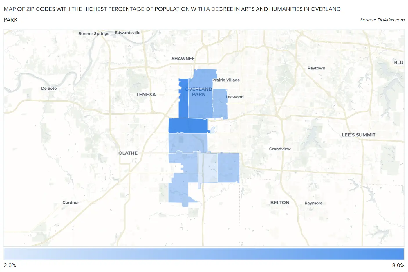 Zip Codes with the Highest Percentage of Population with a Degree in Arts and Humanities in Overland Park Map