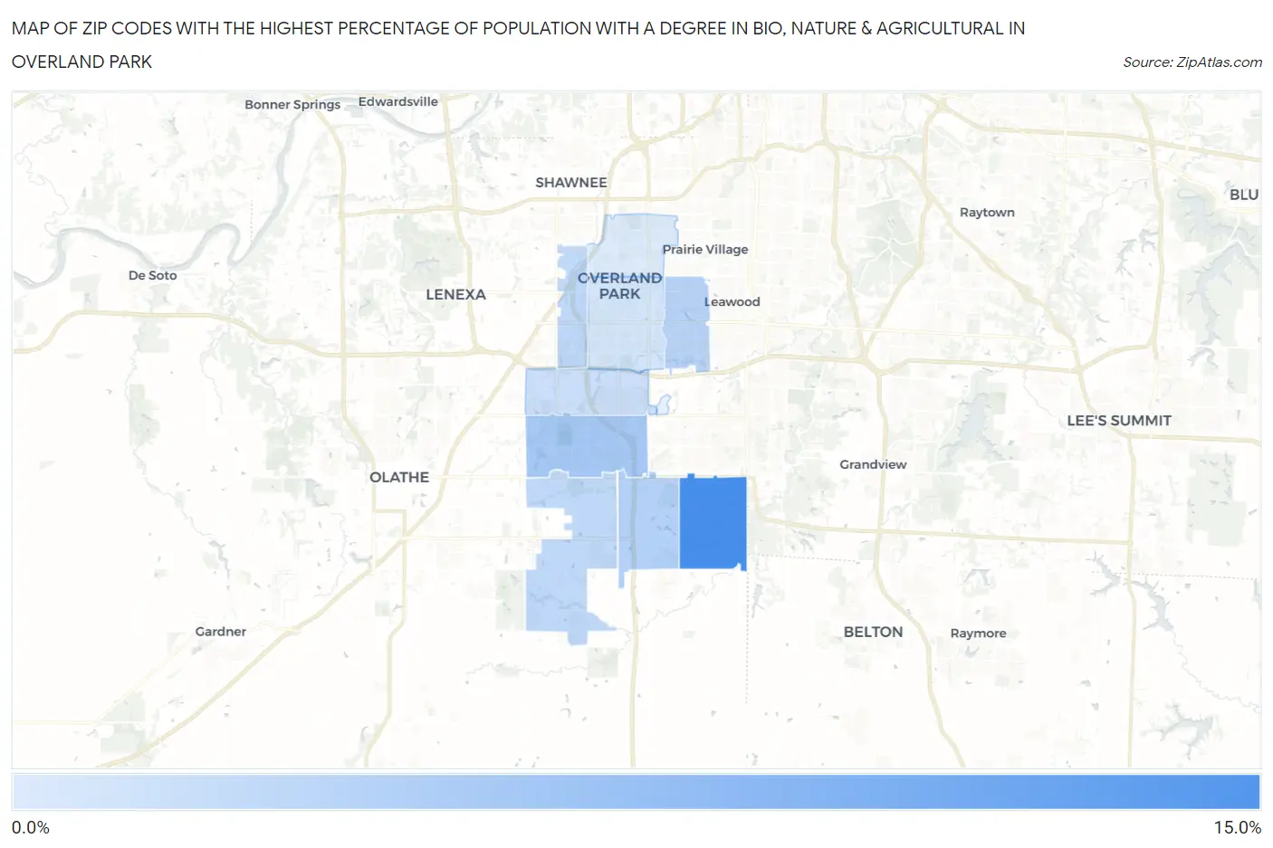 Zip Codes with the Highest Percentage of Population with a Degree in Bio, Nature & Agricultural in Overland Park Map