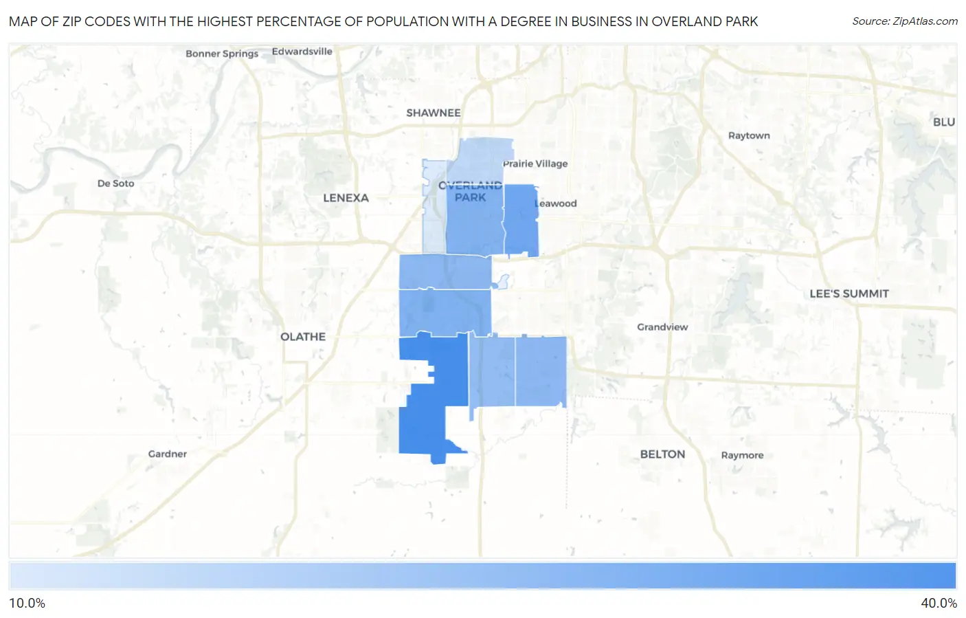 Zip Codes with the Highest Percentage of Population with a Degree in Business in Overland Park Map