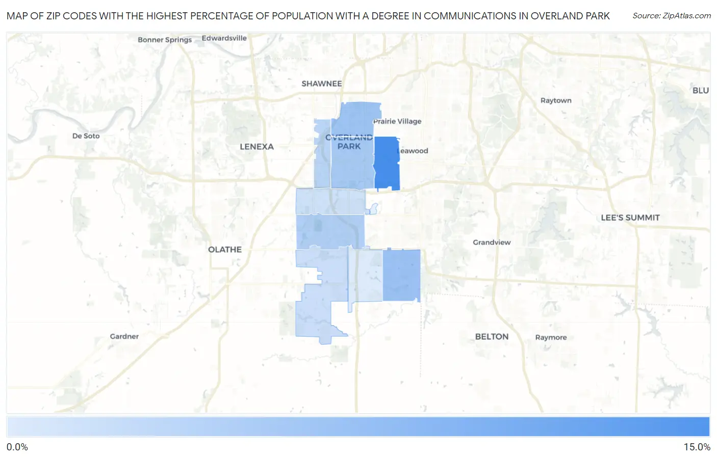 Zip Codes with the Highest Percentage of Population with a Degree in Communications in Overland Park Map