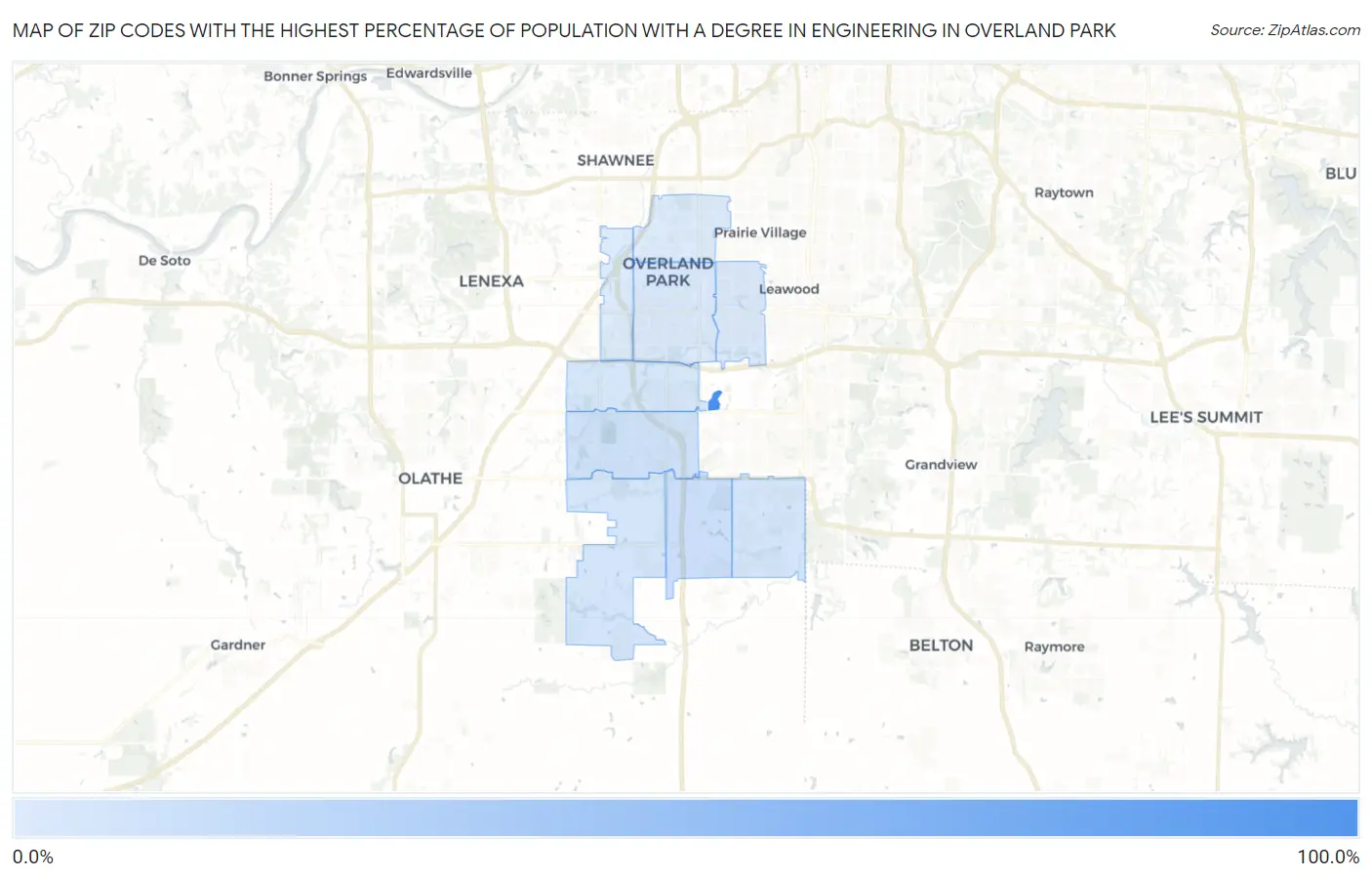 Zip Codes with the Highest Percentage of Population with a Degree in Engineering in Overland Park Map