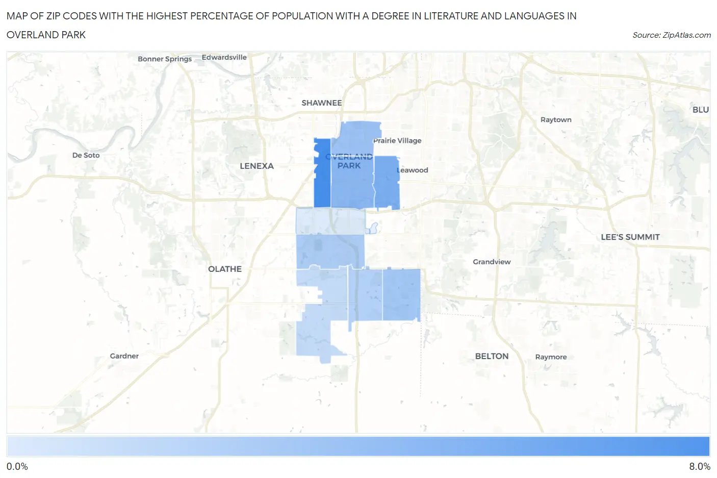 Zip Codes with the Highest Percentage of Population with a Degree in Literature and Languages in Overland Park Map