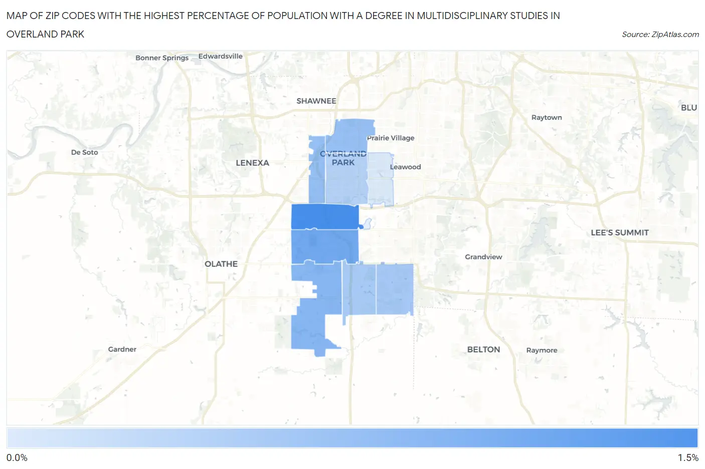 Zip Codes with the Highest Percentage of Population with a Degree in Multidisciplinary Studies in Overland Park Map