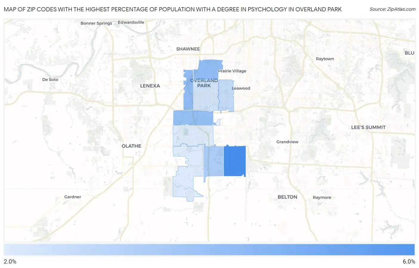 Zip Codes with the Highest Percentage of Population with a Degree in Psychology in Overland Park Map