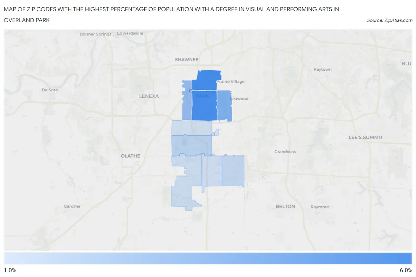 Zip Codes with the Highest Percentage of Population with a Degree in Visual and Performing Arts in Overland Park Map