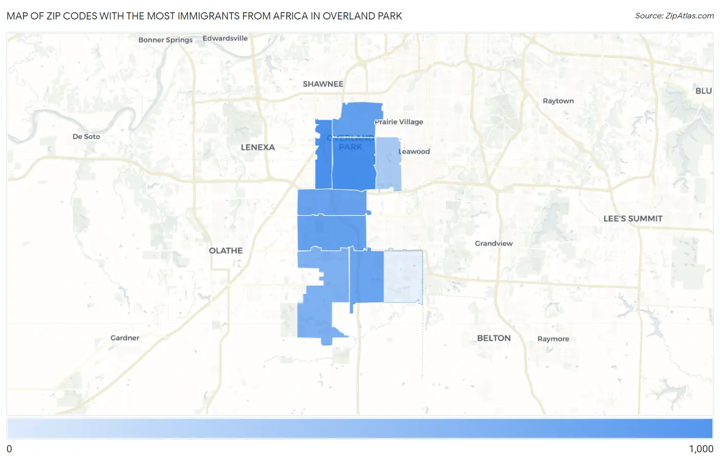 Zip Codes with the Most Immigrants from Africa in Overland Park Map