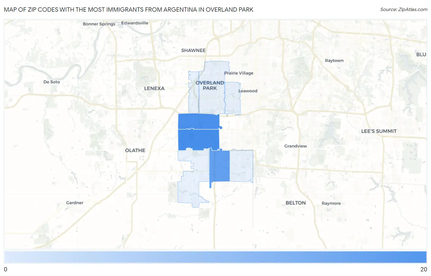 Zip Codes with the Most Immigrants from Argentina in Overland Park Map