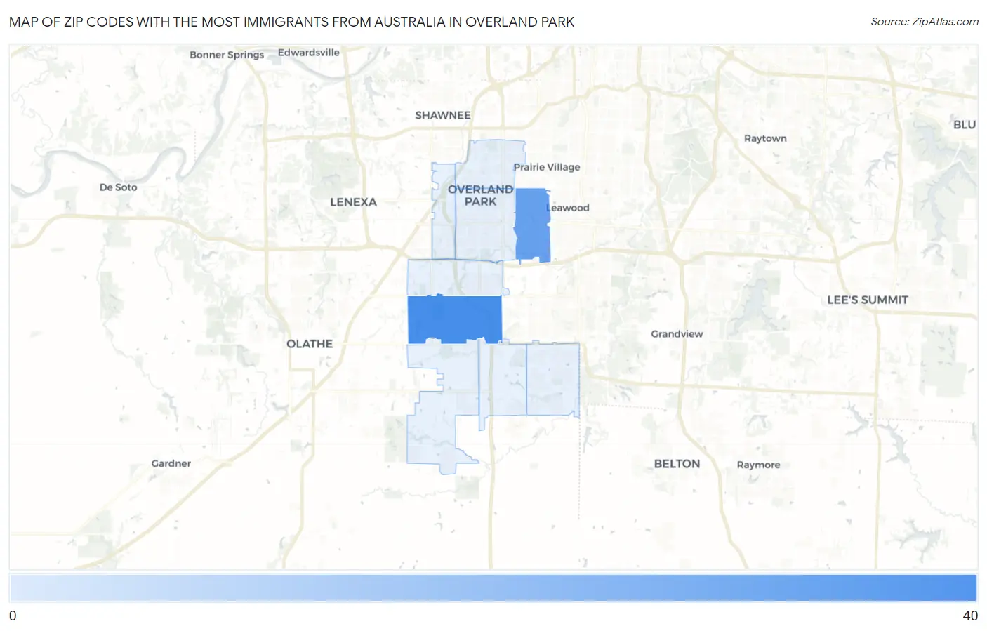 Zip Codes with the Most Immigrants from Australia in Overland Park Map
