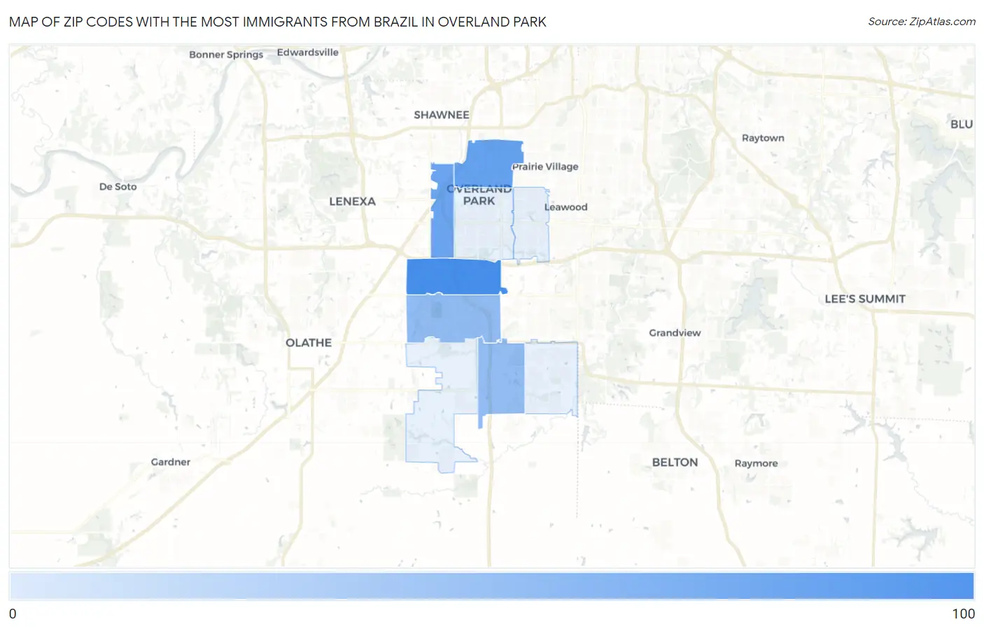 Zip Codes with the Most Immigrants from Brazil in Overland Park Map