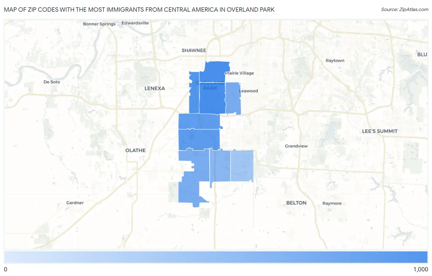 Zip Codes with the Most Immigrants from Central America in Overland Park Map